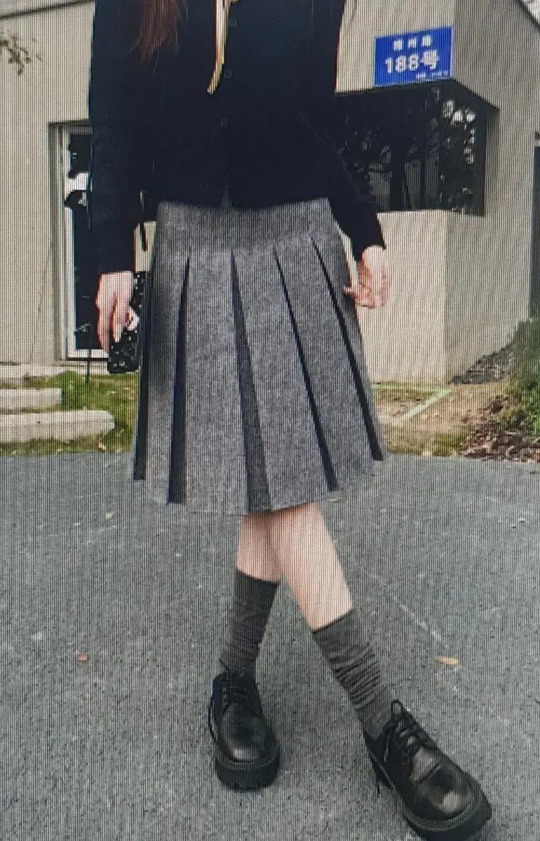 (해외배송)가을 겨울 모직 양면 회색 플리츠 미디 스커트