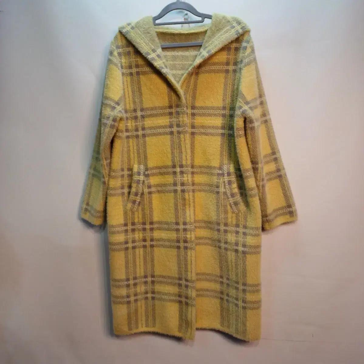 무배 옐로우 체크 후드 롱 코트95~100사이즈 겨울 511489