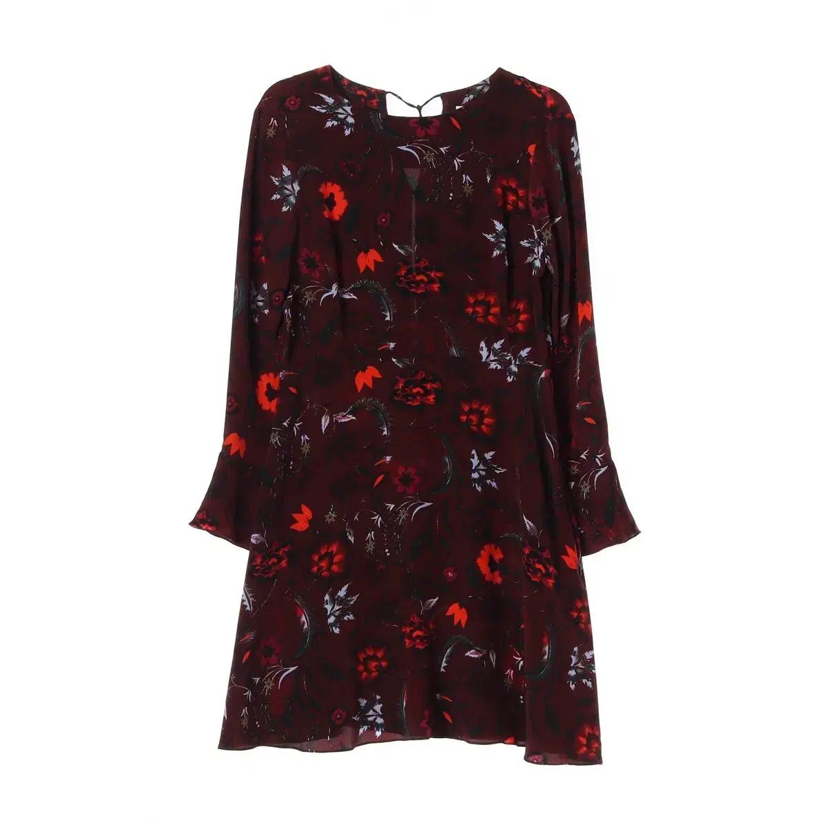 (새상품)산드로 실크100% 플로럴 프린팅 긴팔 미니 원피스 버건디