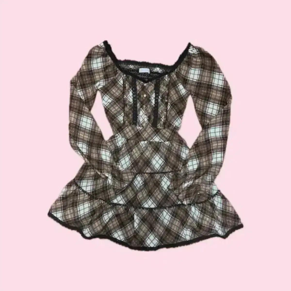 ((교/판)) LIZLISA 리즈리사 초코 체크 프릴 튜닉 원피스