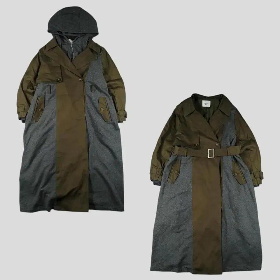 AMERI JP 카키브라운 딥그레이 배색 코튼 아메카지 트렌치 롱 코트