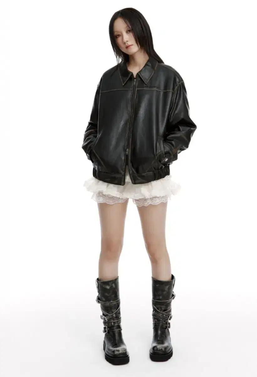 (새상품)러프넥 워싱레더 블루종