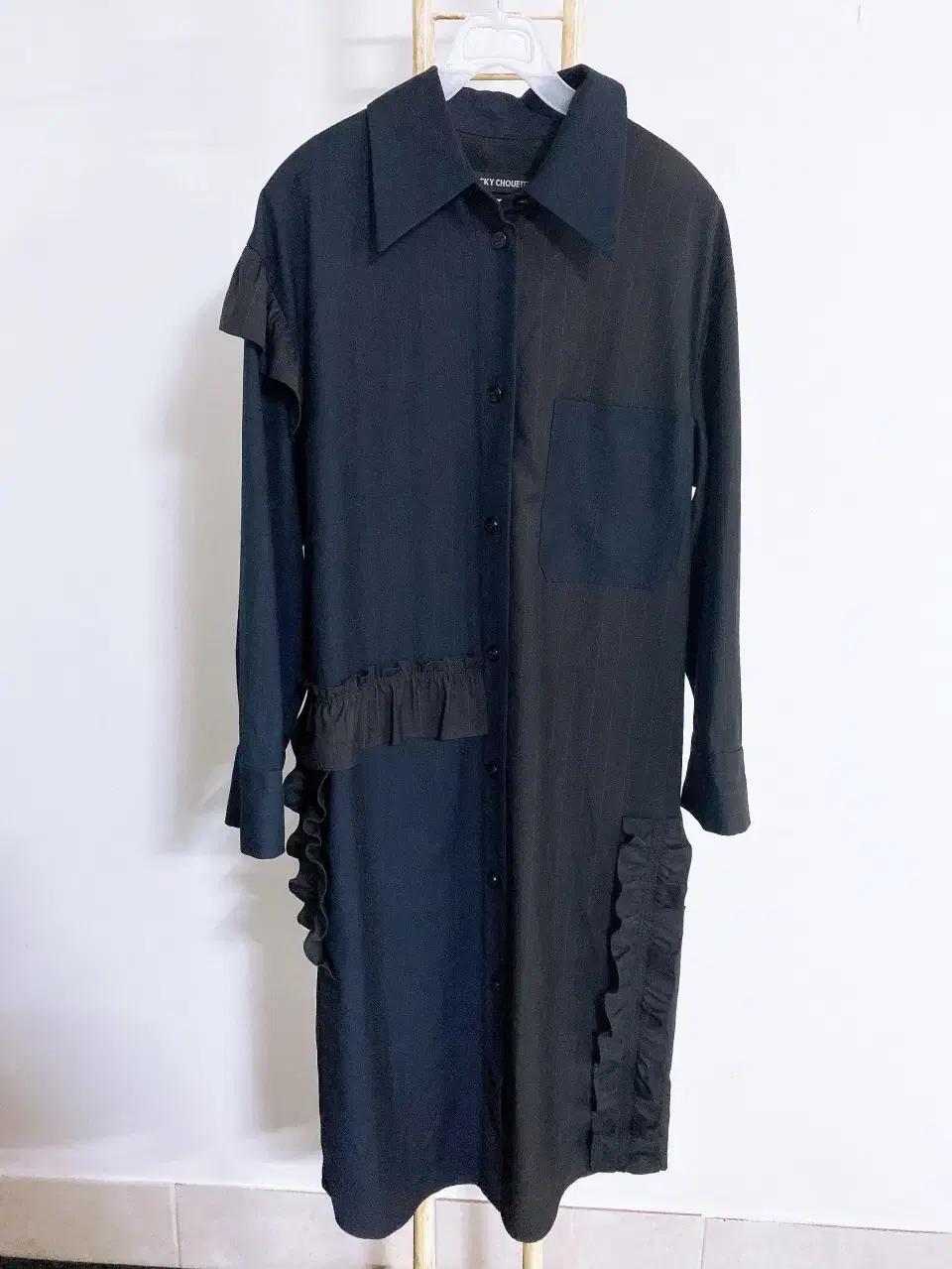 몽빈티지(36사이즈)럭키슈에뜨여자루즈핏투톤프릴스트라이프셔츠형긴팔원피스