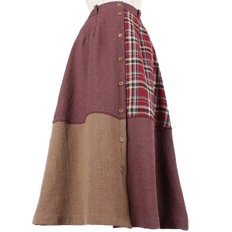 핑크 울 모직 트위드 니트 플란넬 타탄체크 패치워크 언발 버튼 밴딩 치마