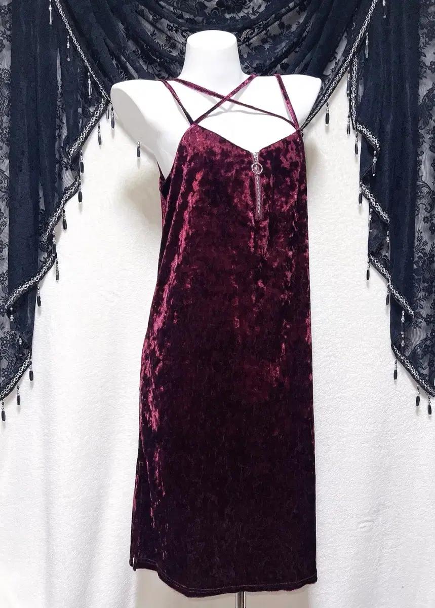 로맨틱고딕 고스펑크 벨벳 버건디 롱원피스 홀터넥 드레스 슬립 연말 섹시