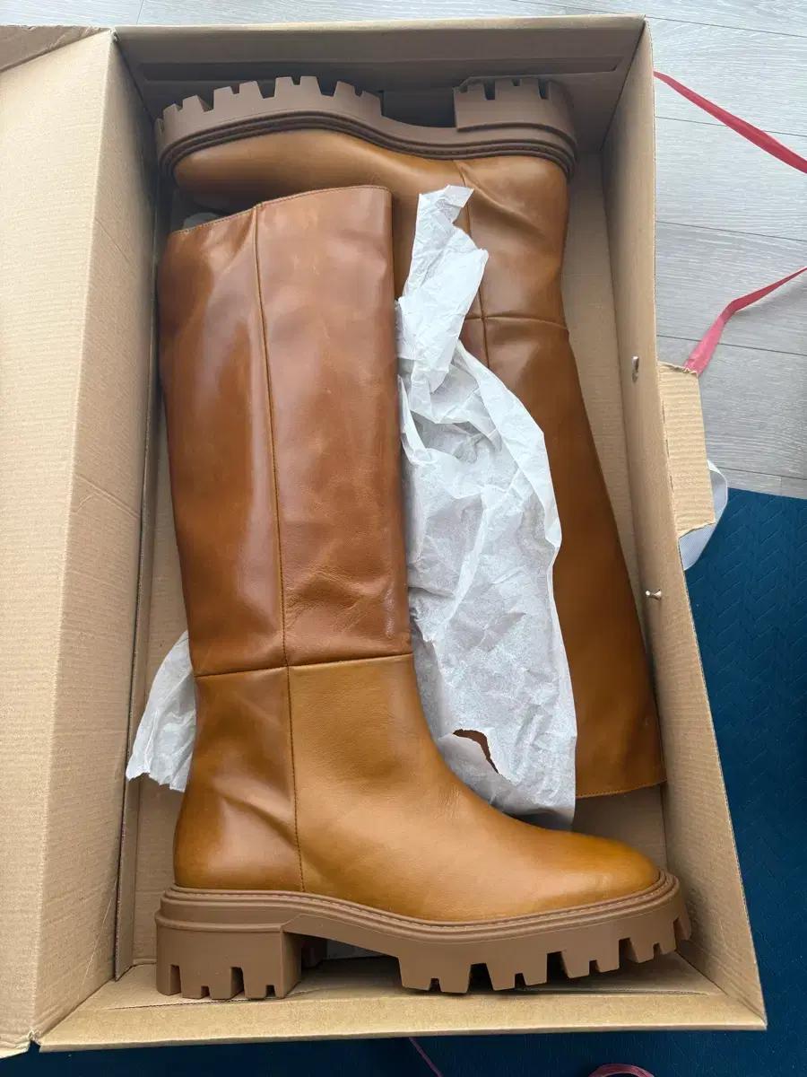 자라 리얼레더 브라운 롱 부츠 통굽 새상품 39