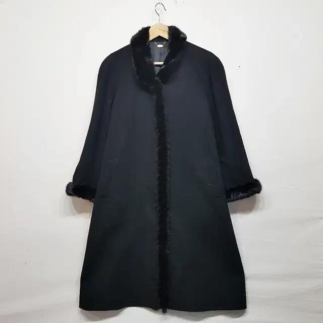 리얼 밍크 카라 캐시미어 100% 롱 코트 블랙