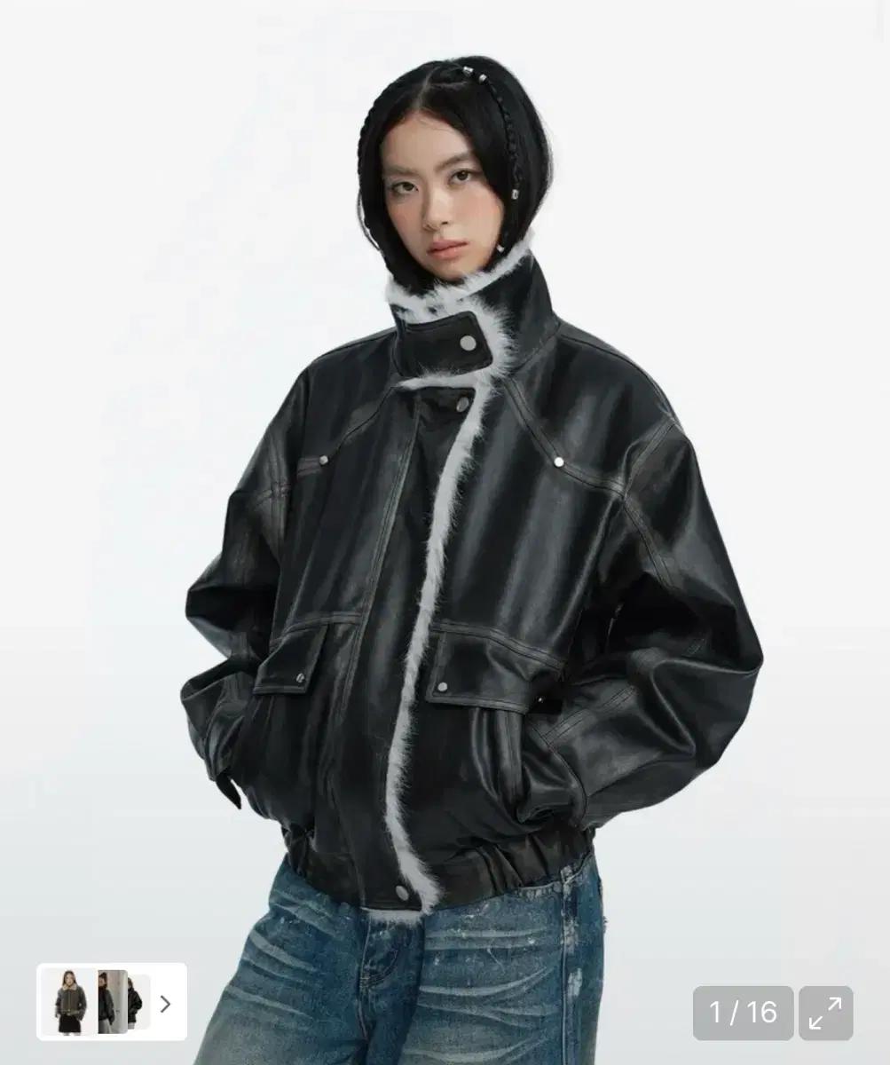 러프넥 워싱 레더 무스탕 자켓 그레이 m