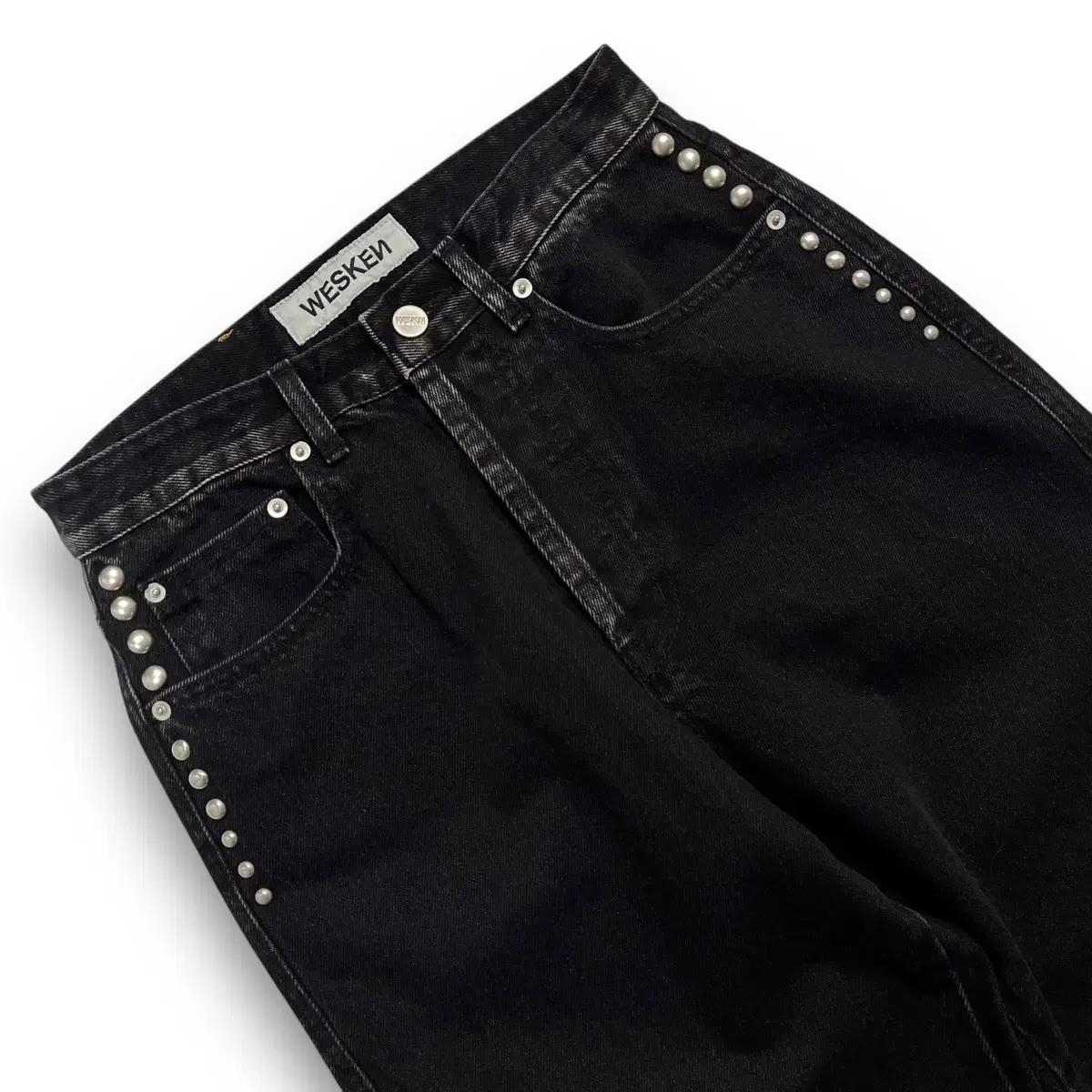 WESKEN 사이드 스터드 와이드 흑청 데님 팬츠