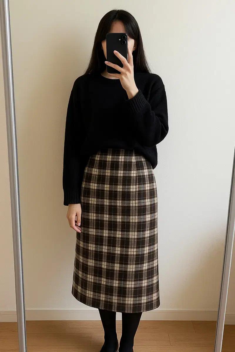 겨울 감성 체크 롱스커트 (울혼방O 안감O)
