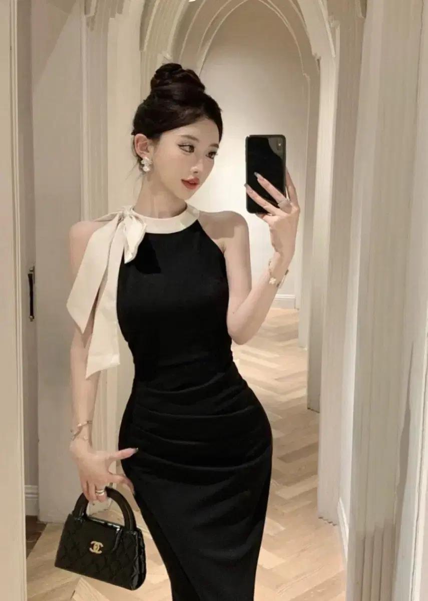 넥라인 리본 롱 원피스 파티드레스