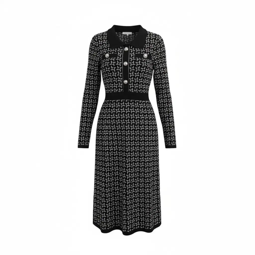 여성F/ 블랙 카라넥 트위드풍 니트 원피스