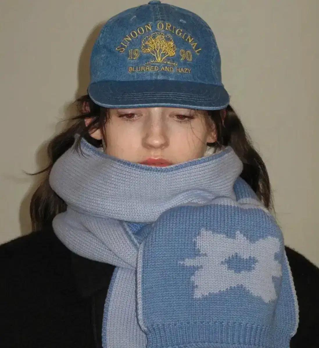 시눈 플라워 자카드 머플러 블루 목도리