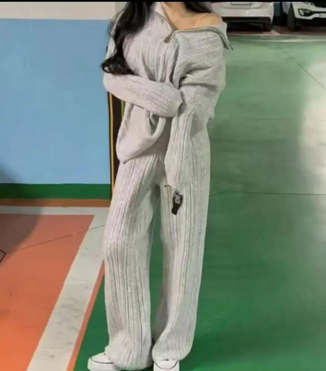 *할인* 울반집업니트팬츠 세트 골지 와이드바지 데일리 트레이닝투피스