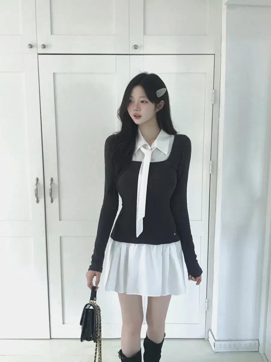 잔느 클리셰 타이 레이어드 셔츠원피스 차콜 숏