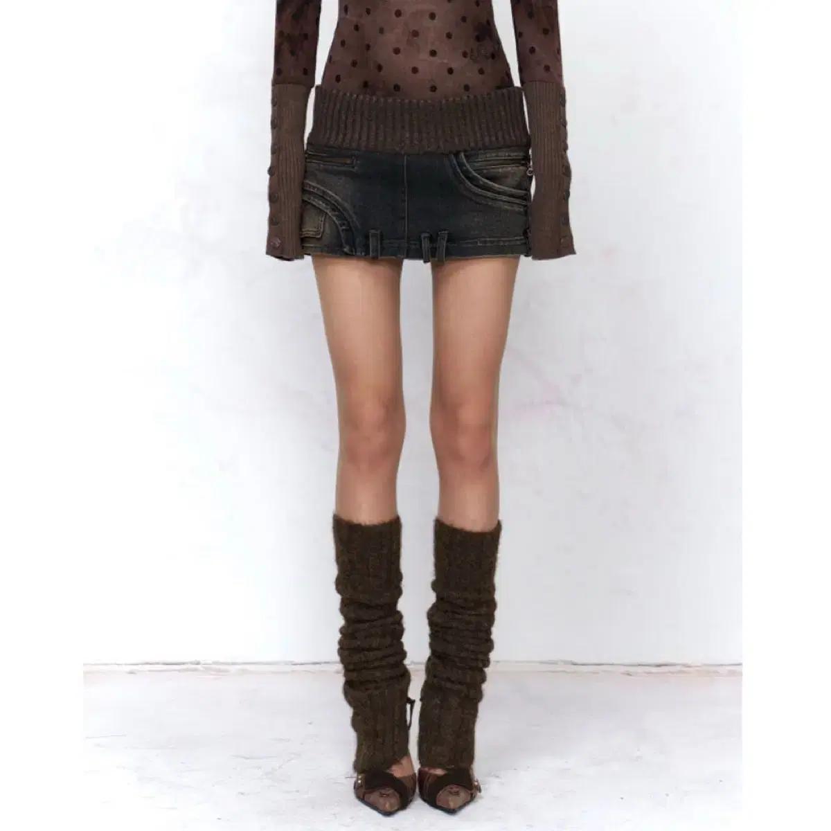 Flowers birds Market 스커트 리브 니트 패치워크 데님