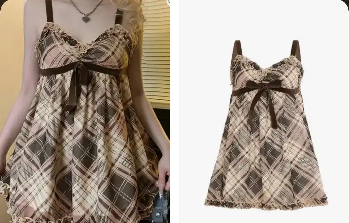 모리걸 체크 나시 미니원피스