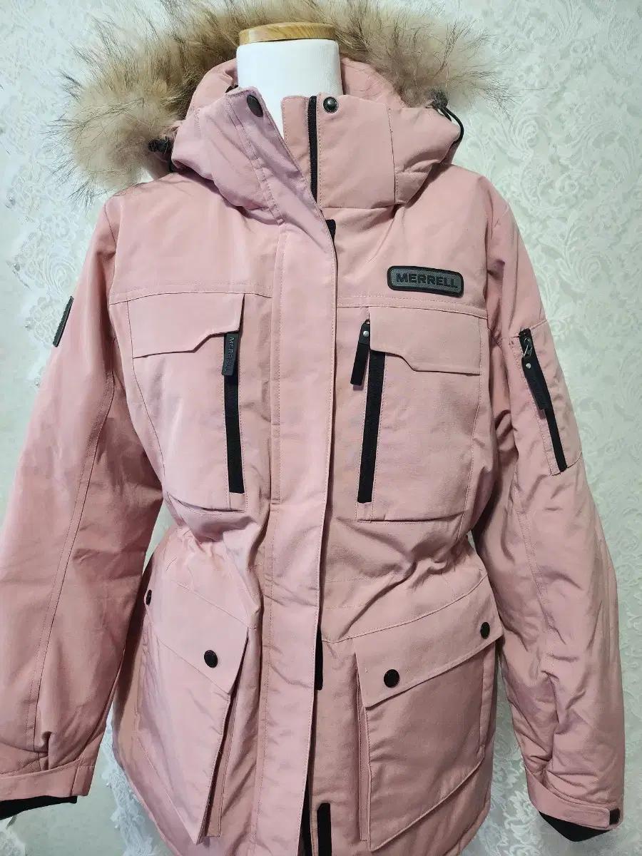 (캉골가방증정)머렐 여성 리얼라쿤털 베이비핑크 패딩L사이즈