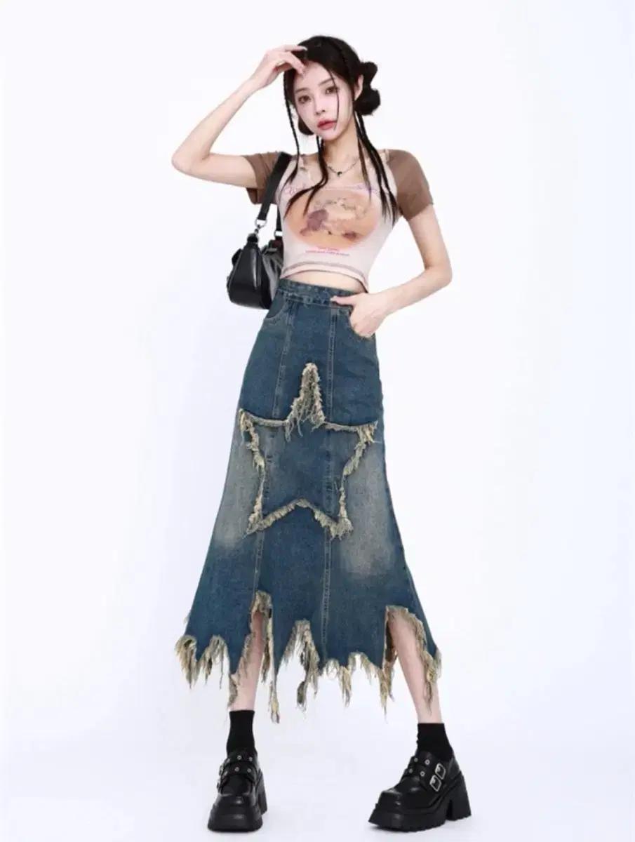 별 패치 여성 데님 롱 스커트 가을 겨울 치마