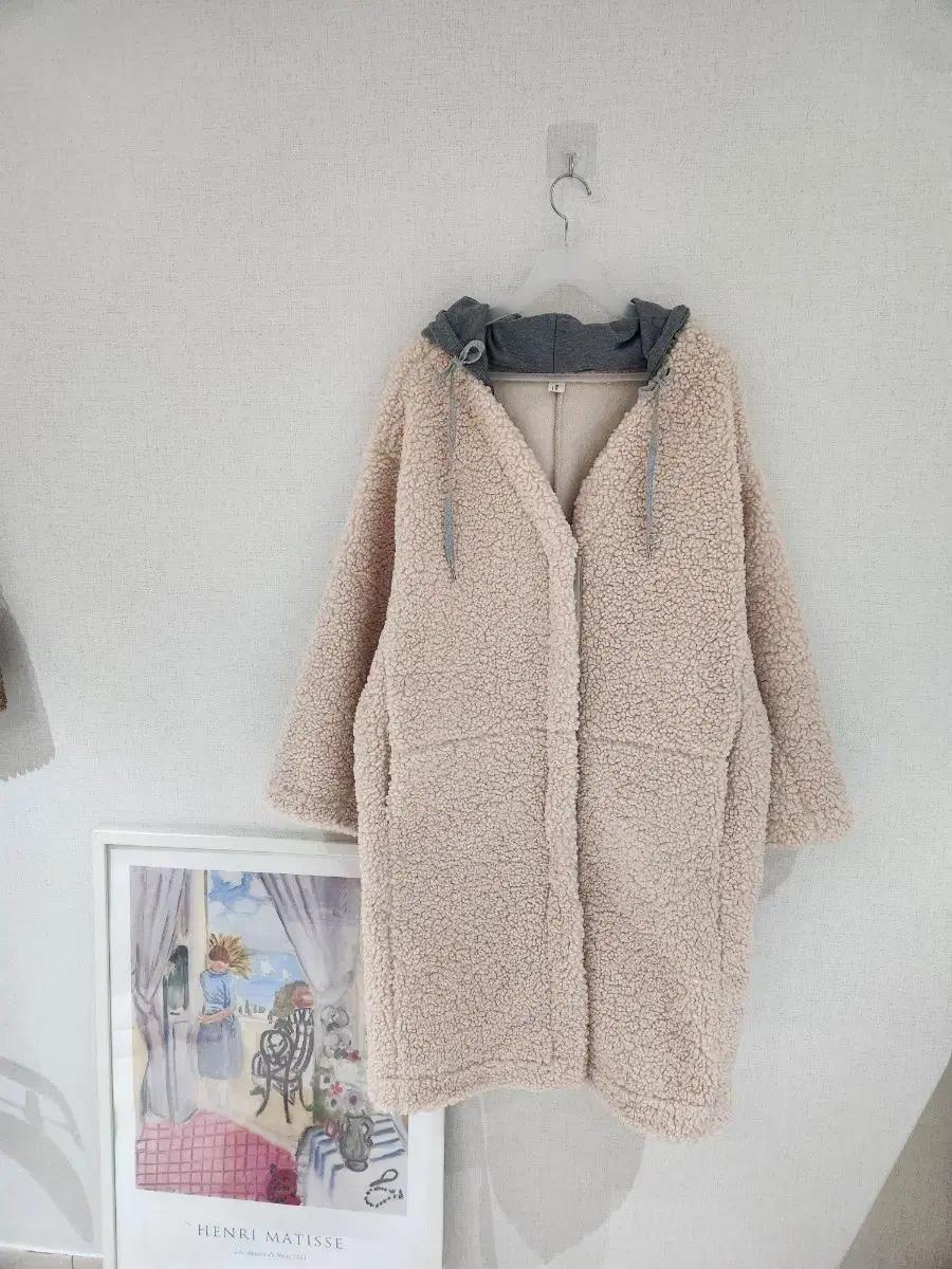 Mix Bling 뽀글이 후드 롱 코트 아이보리