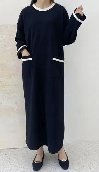 여성 블랙 포켓 니트 롱 원피스 77