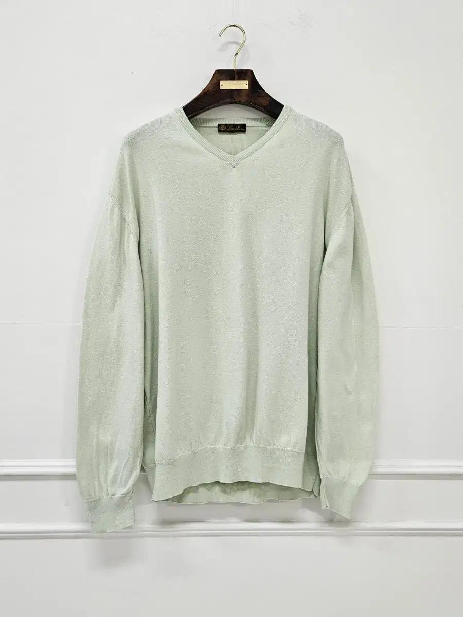 로로피아나 라이트 민트 코튼 브이넥 스웨터