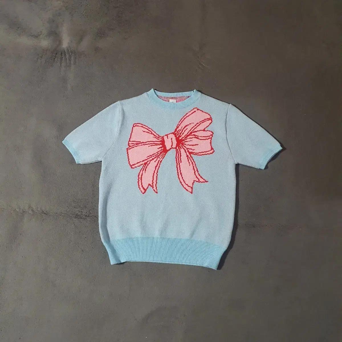 론론 리본 이태리 코튼 반팔 니트 소프트블루