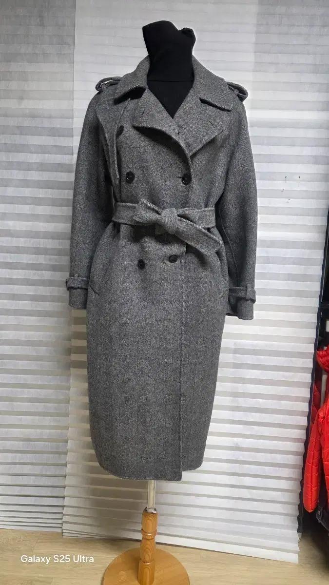 헤링본 벨트 롱 코트 그레이