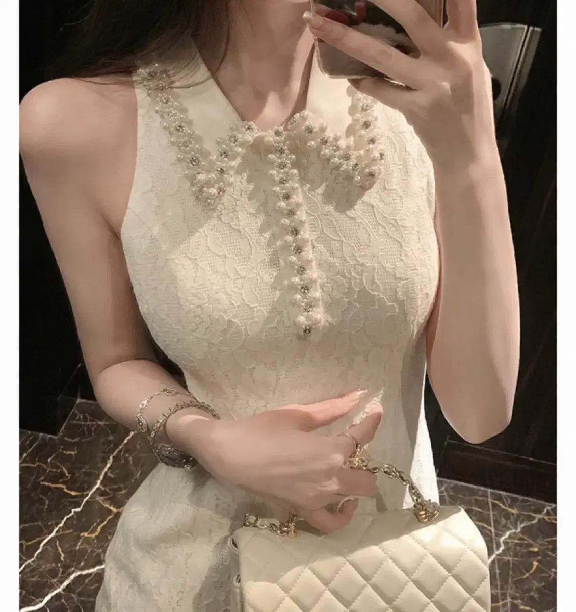 수입의류 큐빅 진주 레이스 미니 원피스