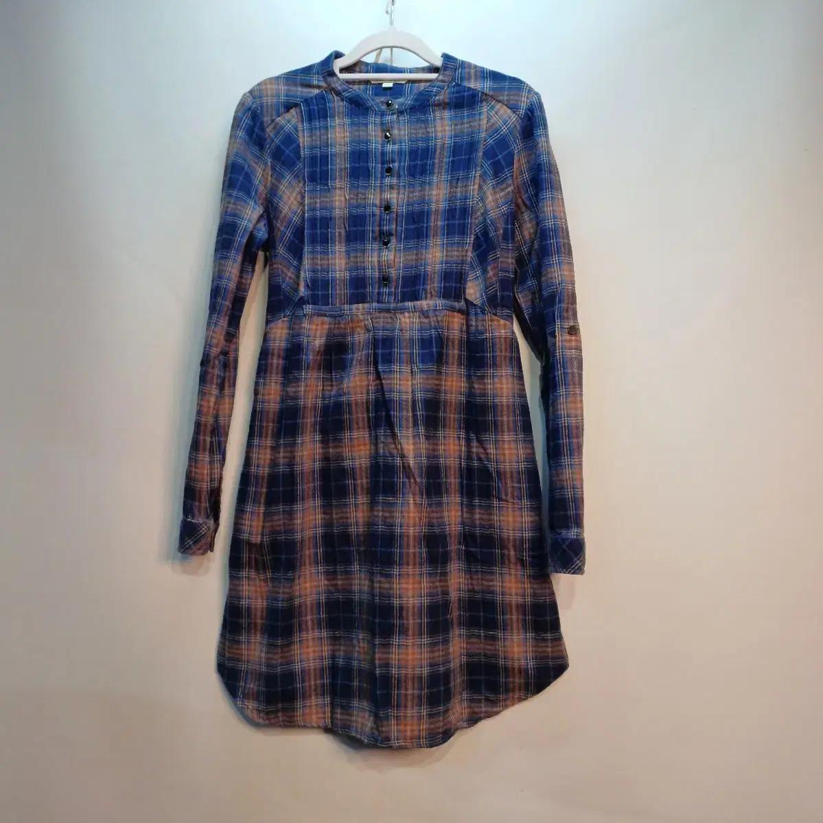 체크 롱 셔츠 원피스 블루85사이즈봄가을 512024