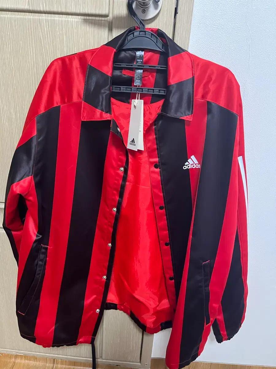 아디다스 레드/블랙 스트라이프 셔츠 자켓 M