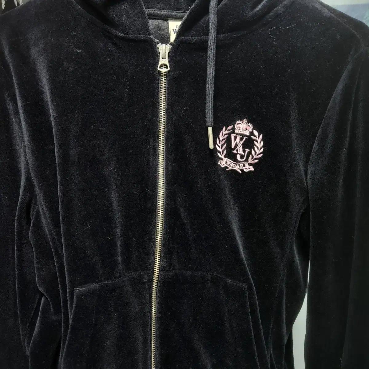 후아유 벨벳 집업 벨루어 자수 검정 핑크 후드 집업