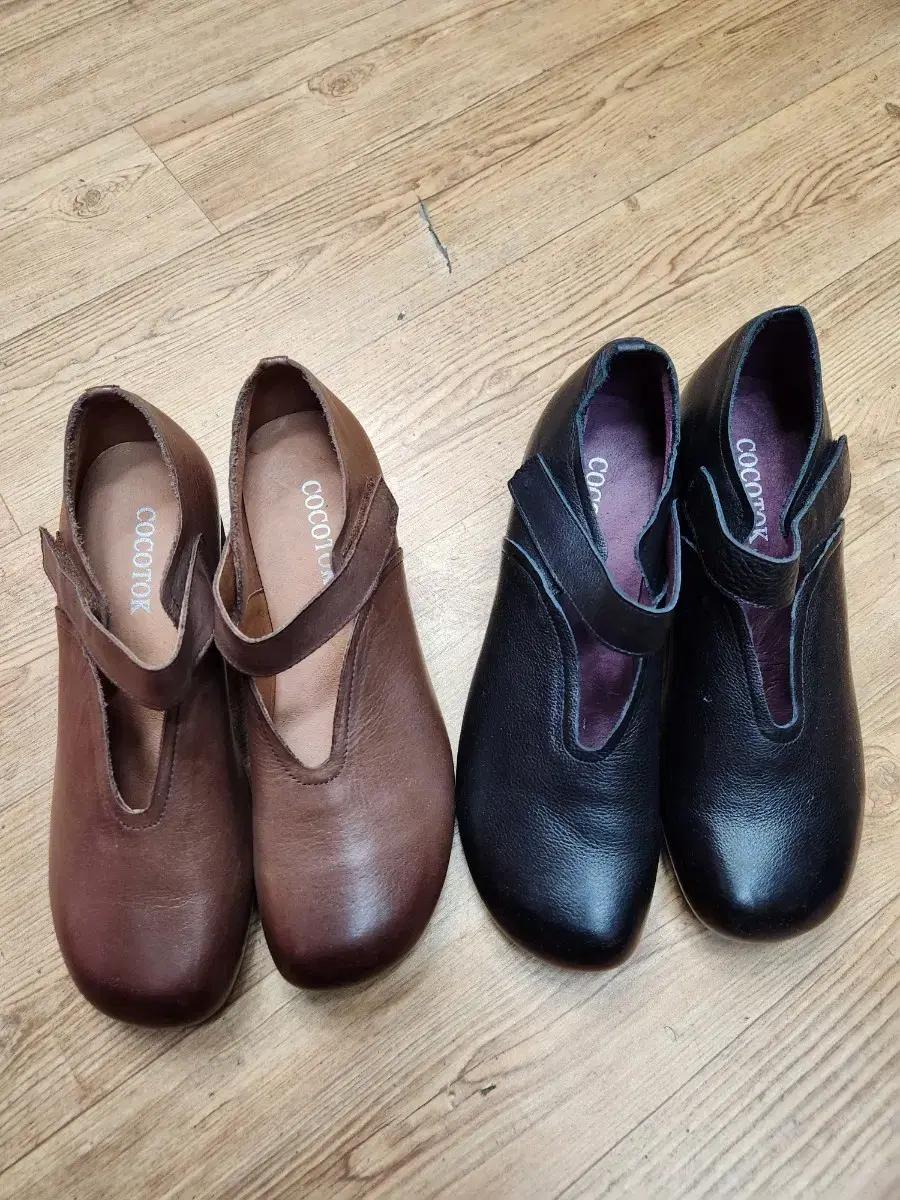 COCOTOK 코코톡 여성 가죽 플랫슈즈 브라운/블랙