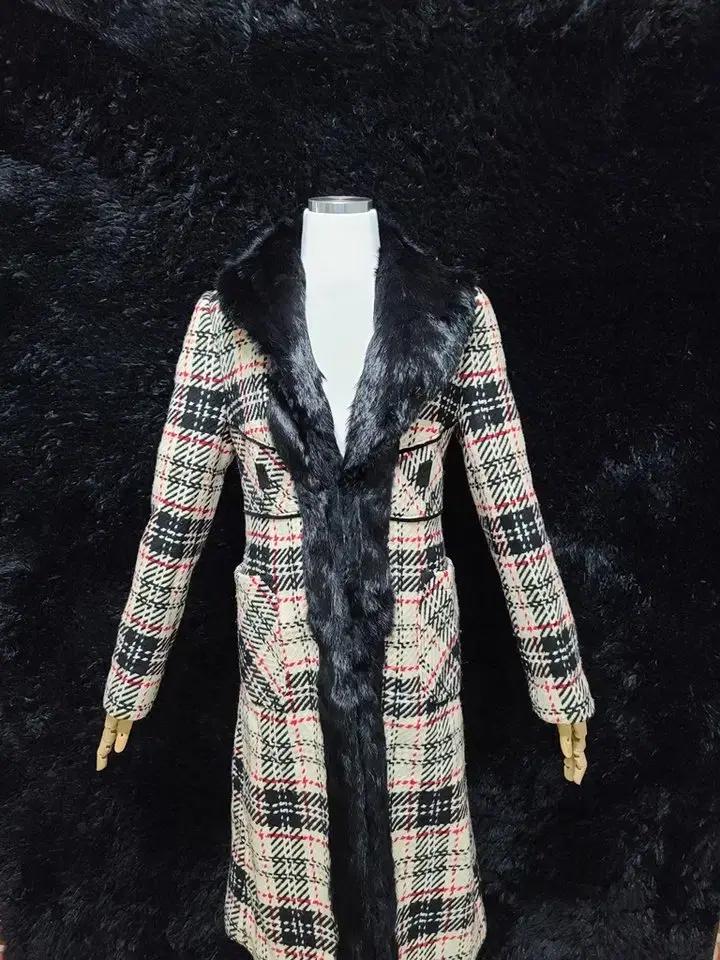 ENC 정품 토끼퍼배색 트위드 여자 겨울용 여성울모직체크롱코트자켓55