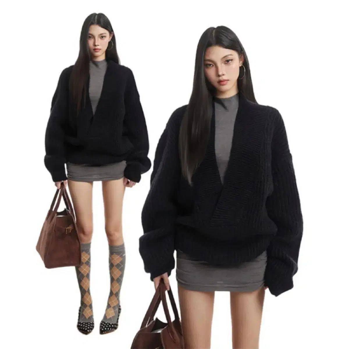 UNCMHISEX 원피스 블랙 V넥 니트 그레이 원피스 투피스