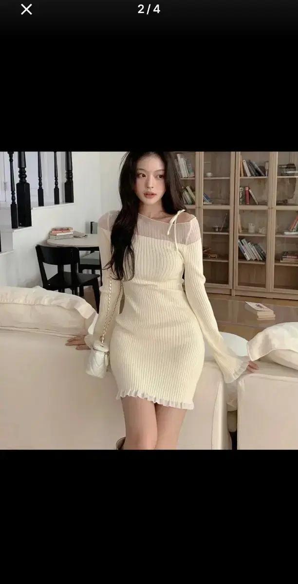 시스루 오프숄더 골지 니트 원피스