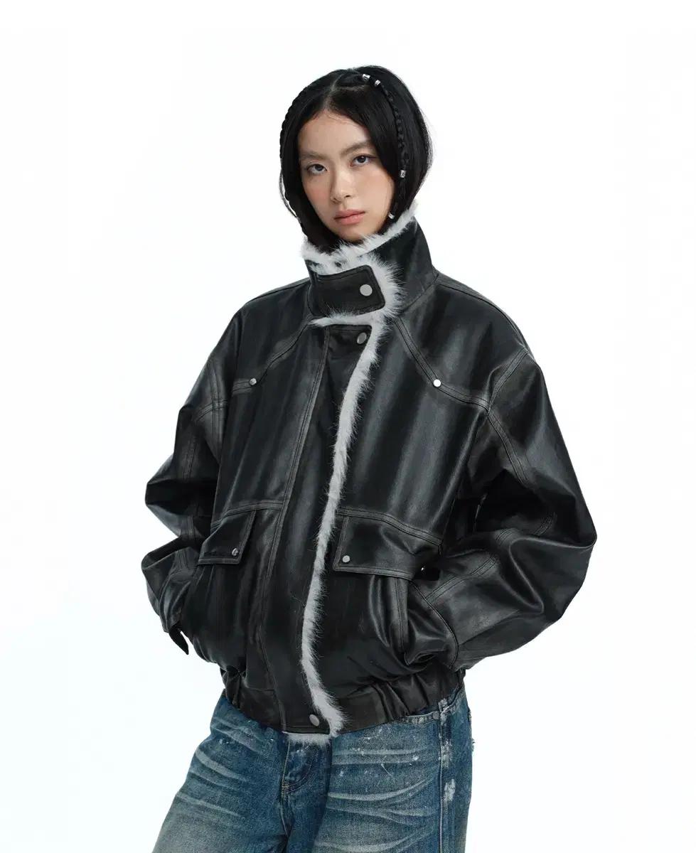 (주말까지만 올려요)러프넥 워싱 레더 무스탕 자켓 그레이 M