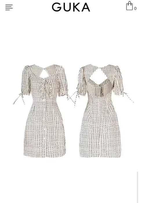 구카 신스덴 GUKA 도트무늬 반팔 소매 퍼프 리본 미니 원피스 레드벨벳