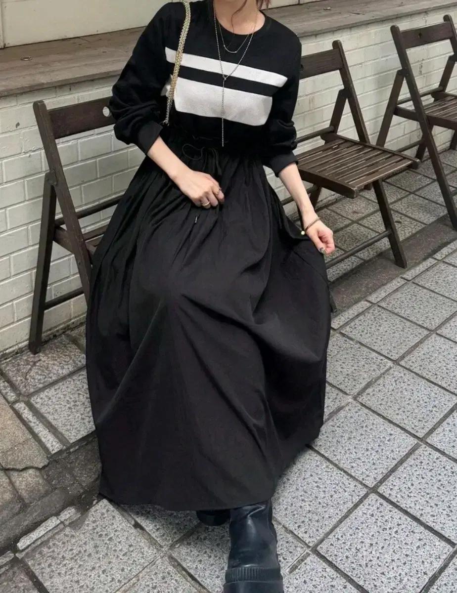 에이블리 배색 맨투맨 롱원피스 | A라인 데일리 가을/초겨울