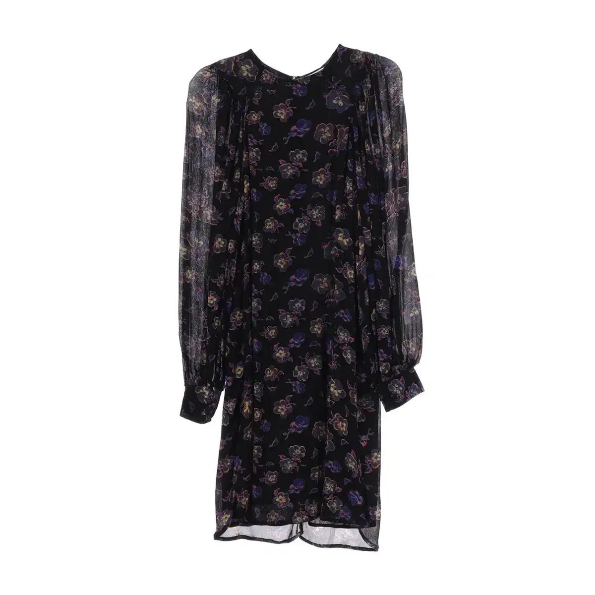 가니 퍼플 플로럴 쉬프트 쉬폰 긴팔 원피스 드레스 블랙