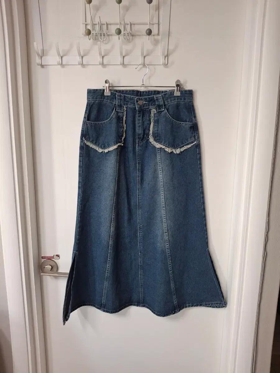 청 데님 롱 스커트 A라인 트임 치마  L사이즈