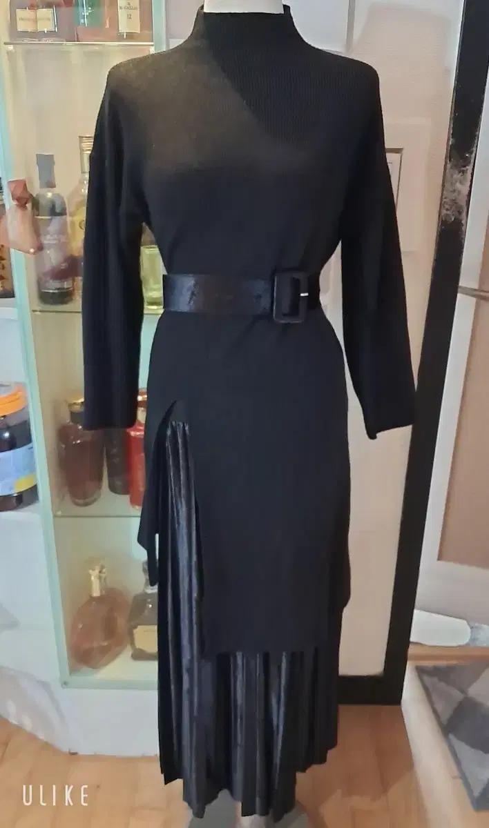 블랙 니트 벨트 플리츠 롱 원피스