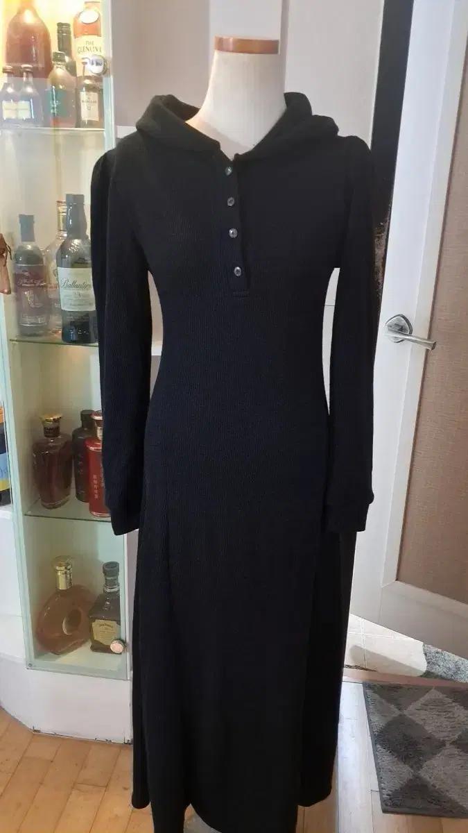 블랙 후드 롱 원피스 니트