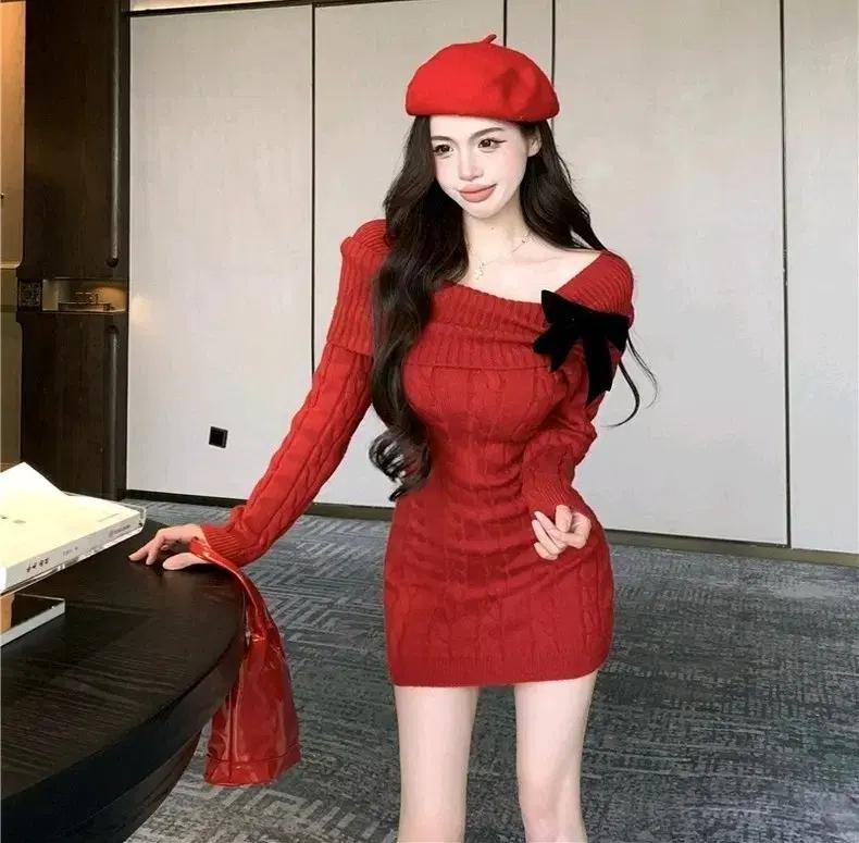 레드원피스 리본원피스 니트원피스 빨간색 원피스 연말룩 크리스마스 데이트룩