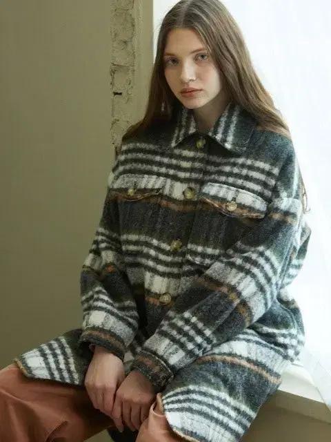 룩캐스트 블랙 체크 롱셔츠 자켓 코트 여성용 오버핏 55~77