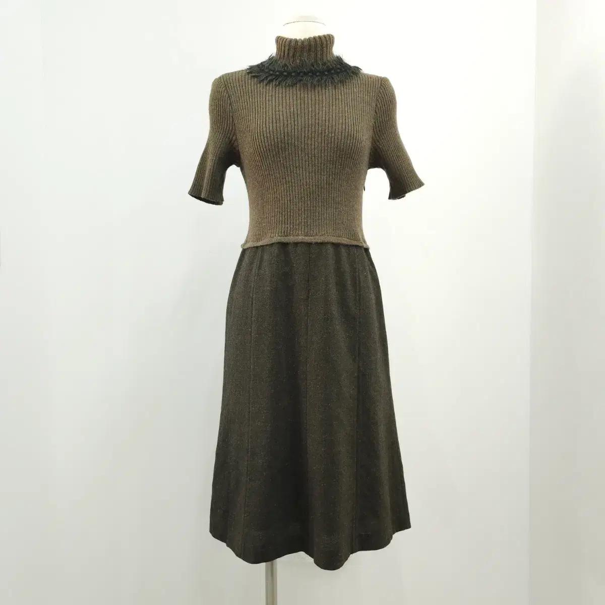 카키 울 실크혼방 골지니트 플레어 원피스 일본빈티지