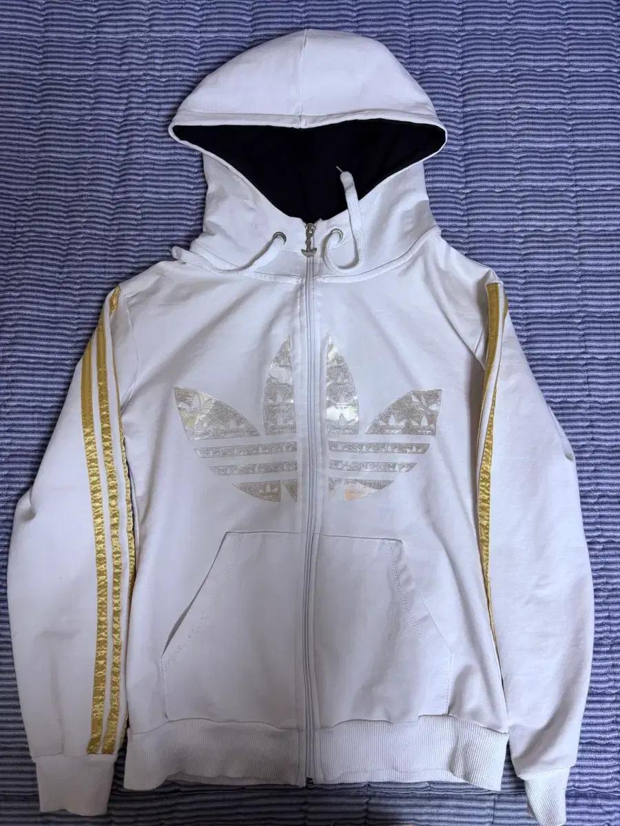아디다스 화이트 골드 후드집업 빅로고 빈티지