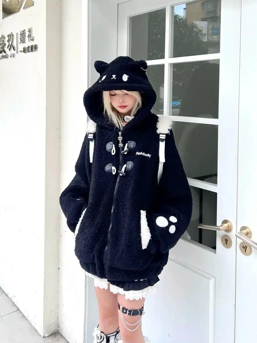 양털 고양이 귀 겨울 코트 두꺼운 플리스 우스터 단추 외투