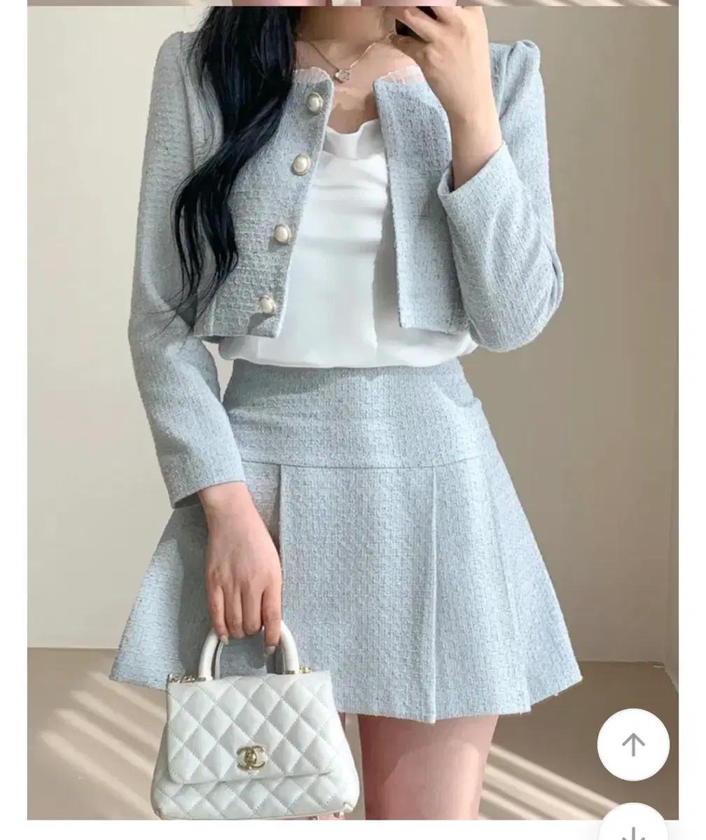 레이스 스퀘어넥 진주버튼 자켓+플리츠 미니스커트 투피스 세트