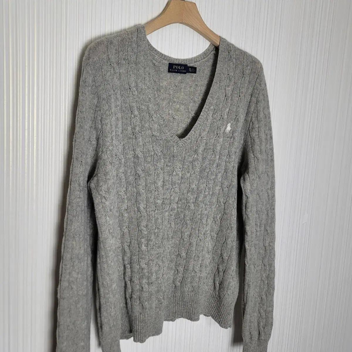 여성xl 폴로 캐시미어혼방 V넥 꽈배기 니트 메리노울 그레이오트밀